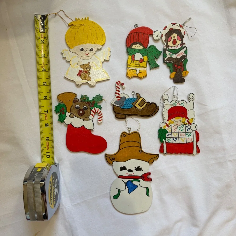 Vintage Hand Painted Wooden Christmas Ornaments Set of 7 Folk Art Holiday Decor
